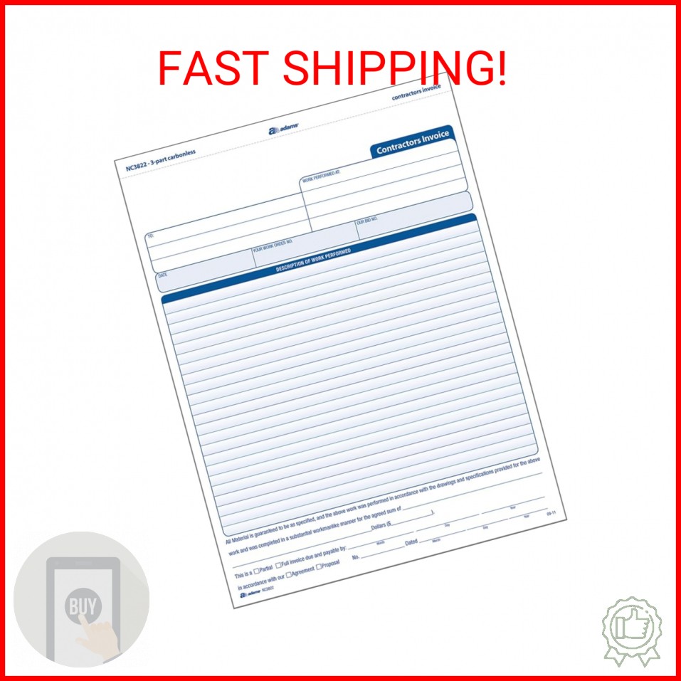 Adams Contractor Invoice Forms, 8.5 x 11.44 Inch, 3-Part, Carbonless, 100-Pack,