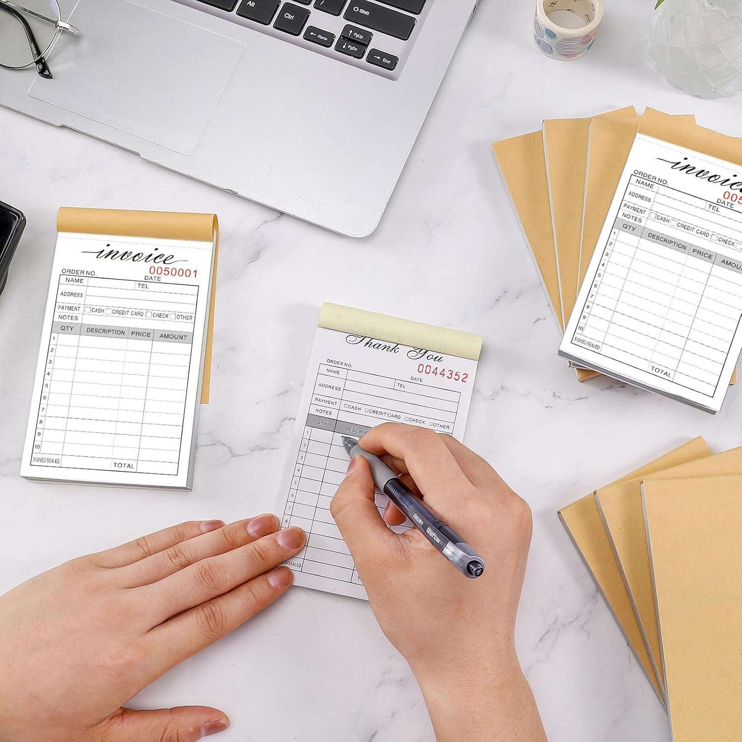 Invoice Receipt Book, 3.4X5.5″ Handheld 2-Part Carbonless Sales Invoice Book, In