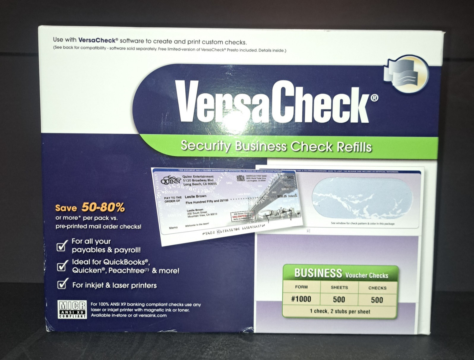 VersaCheck Security Business Check Refills #1000 500 Sheets 500 Check Refills