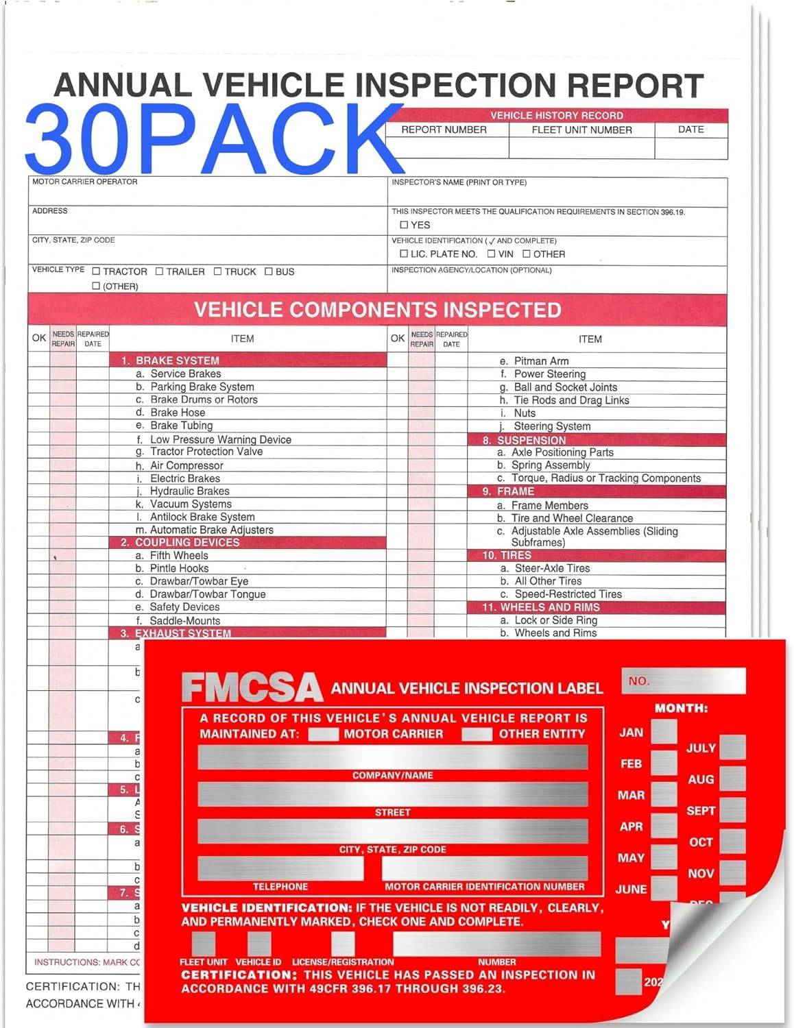 Annual Vehicle Inspection Report Form 30-Pk 3-Ply Carbonless Red FMCSA Label …
