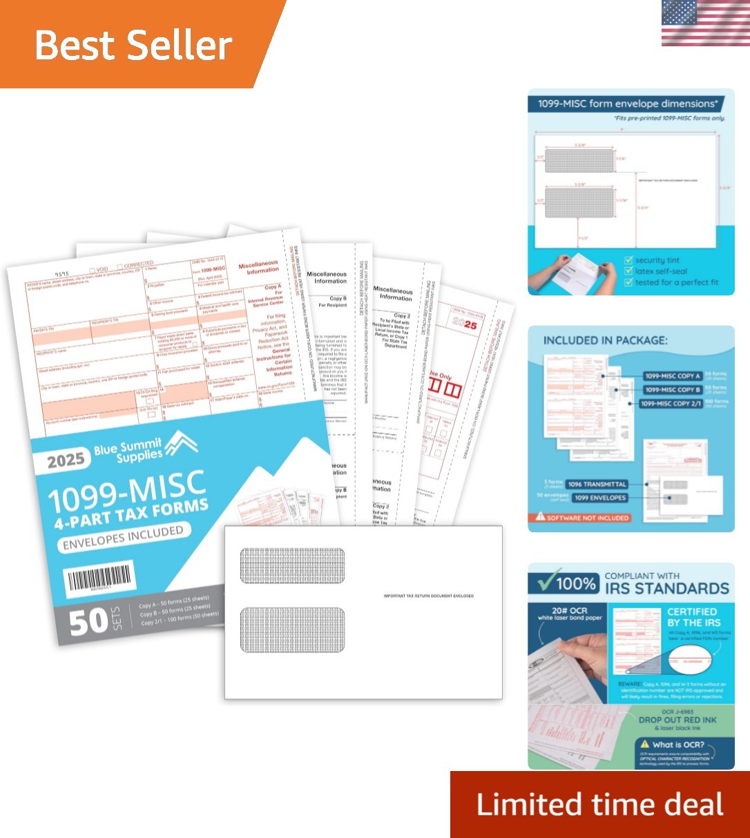 Complete 2025 1099 MISC Tax Forms Kit with Self-Seal Envelopes – 50 Included