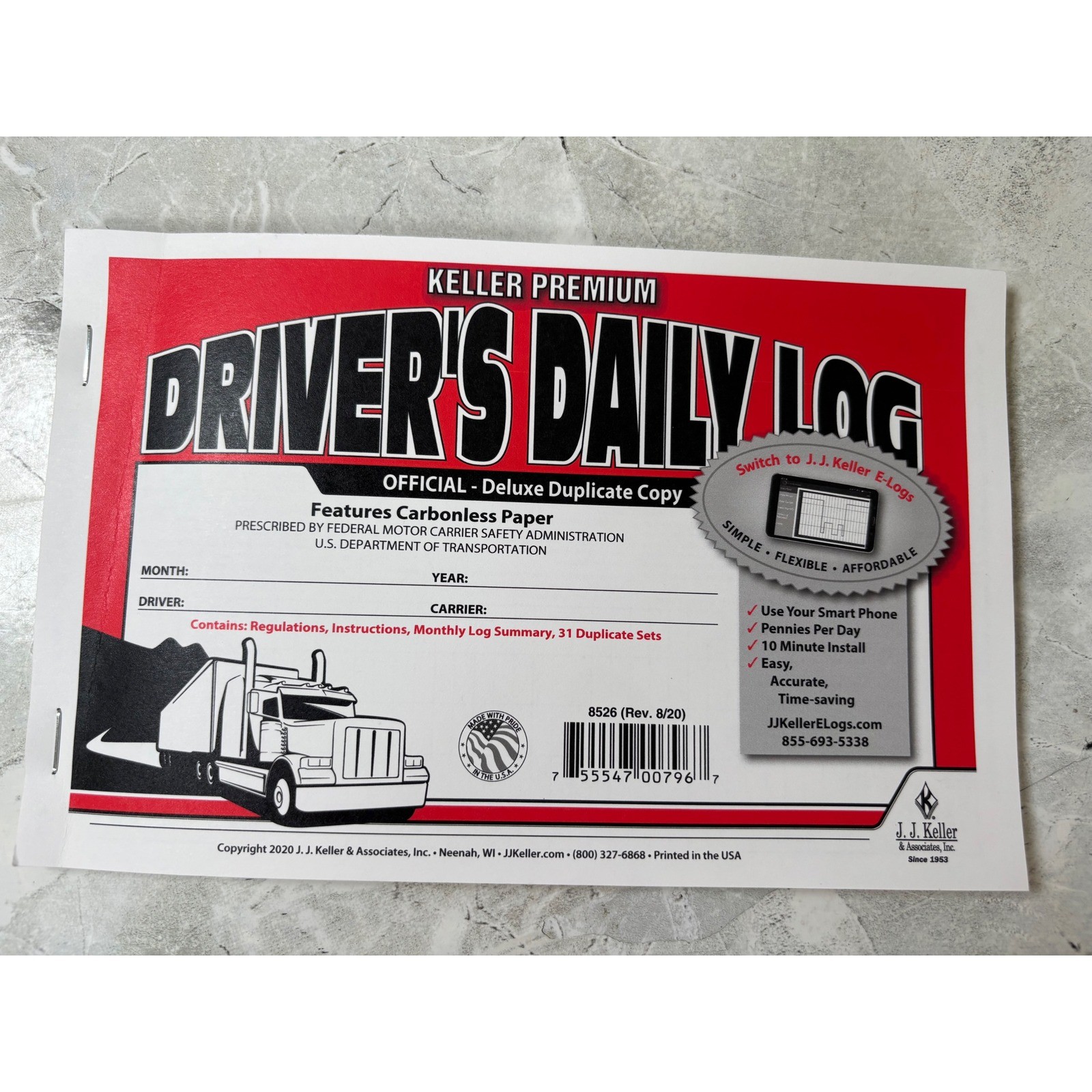 JJ Keller Premium Drivers Daily Log Book 8526 Carbonless Duplicate 31 Sets 8/20