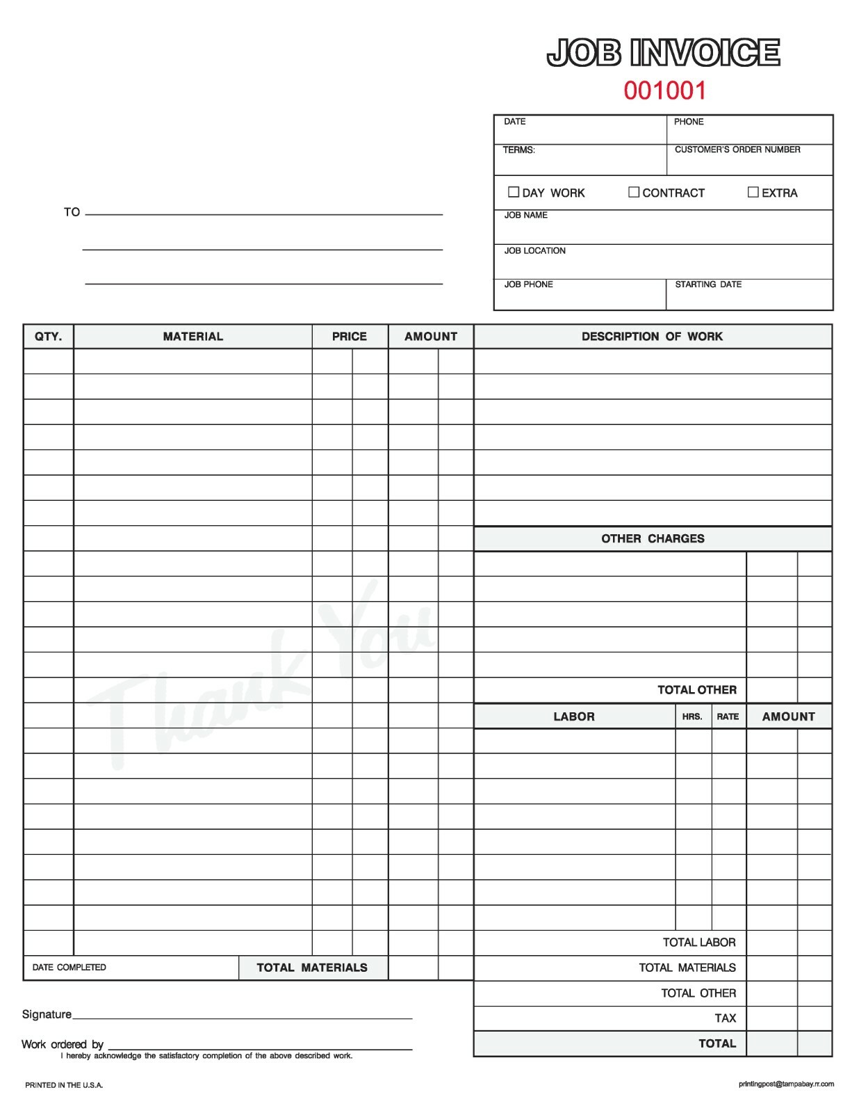250 2-part NUMBERED Construction Job Invoice Forms – Contractor