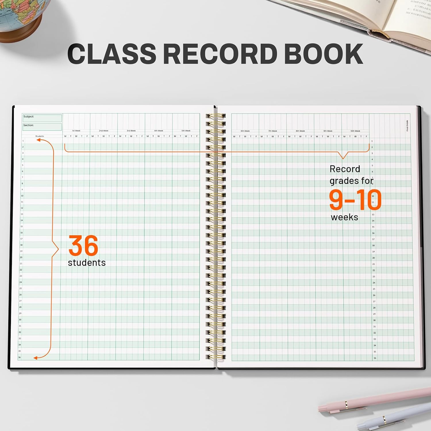 SUNEE Teacher Class Record Book for 9-10 weeks, 36 Names, 8.5×11 Inch, 104 Pages