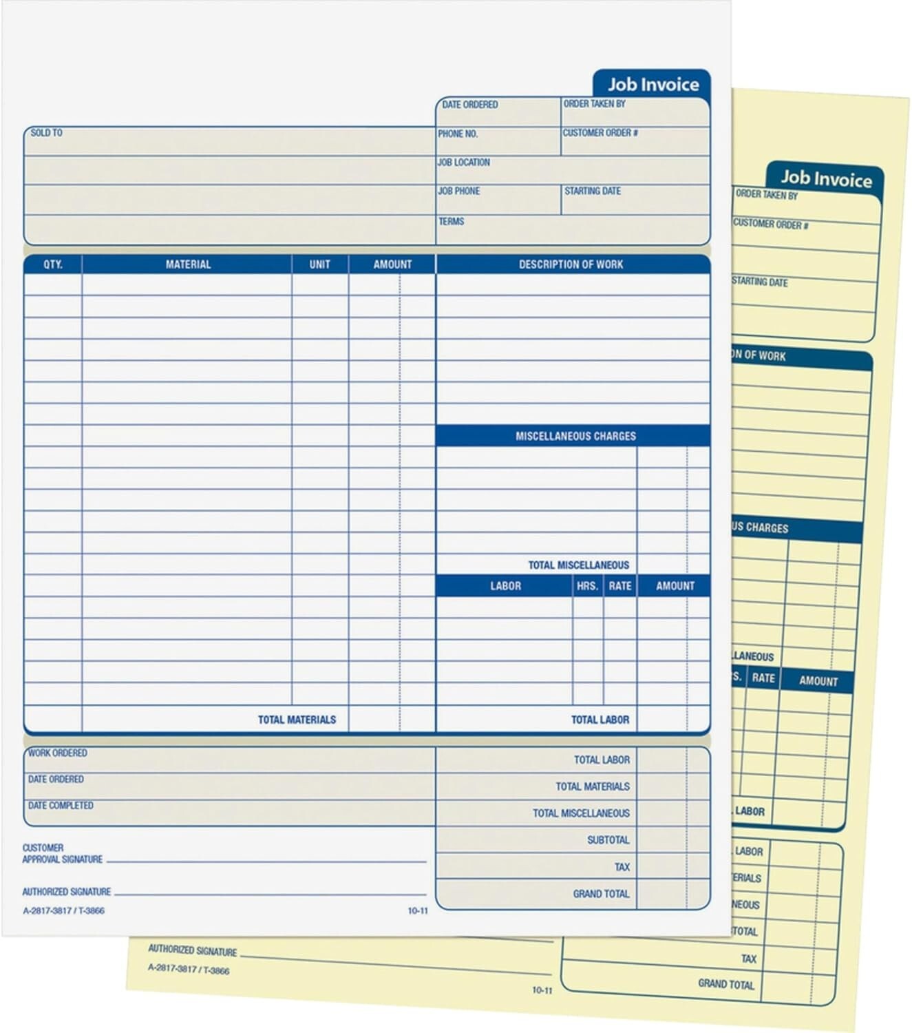Invoice Forms 2-Part Carbonless For Service & Repair Billing 100 Individual Set