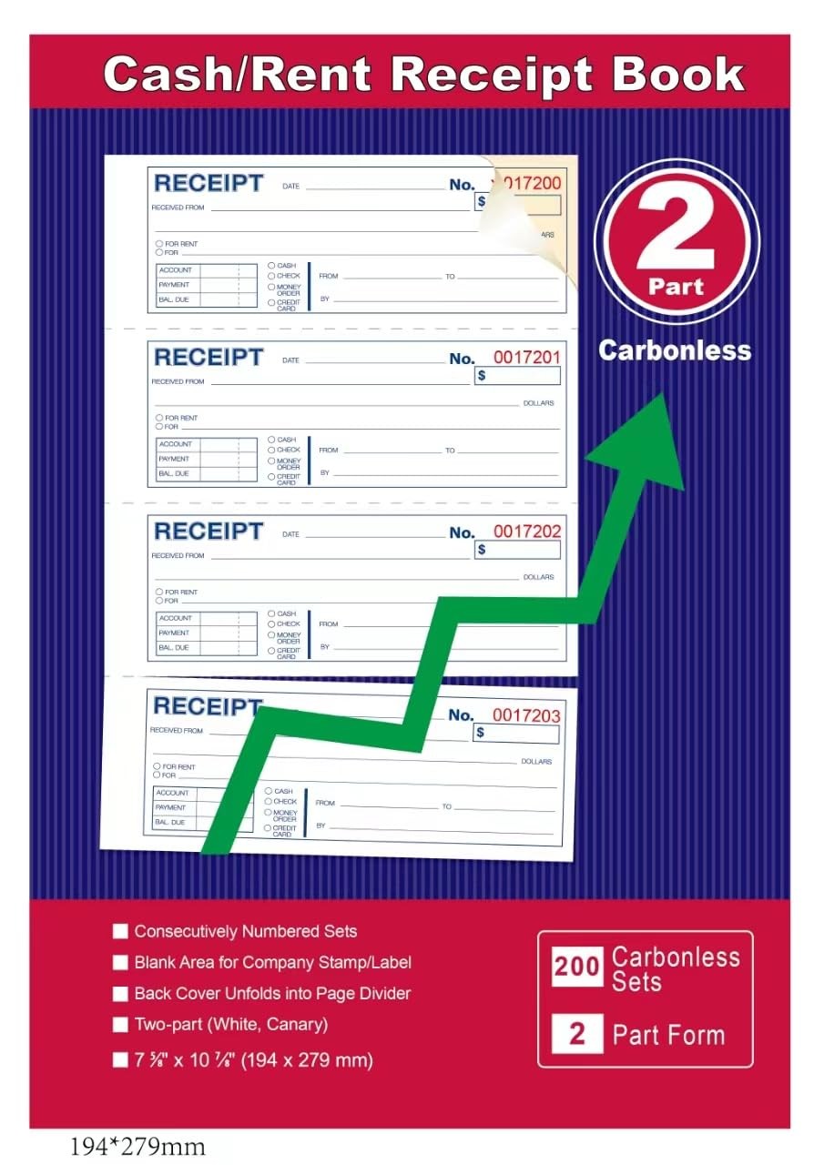 Money and Rent Receipt Book 2Part Carbonless 75/8″ x 11″ Spiral Bound 200 Set…
