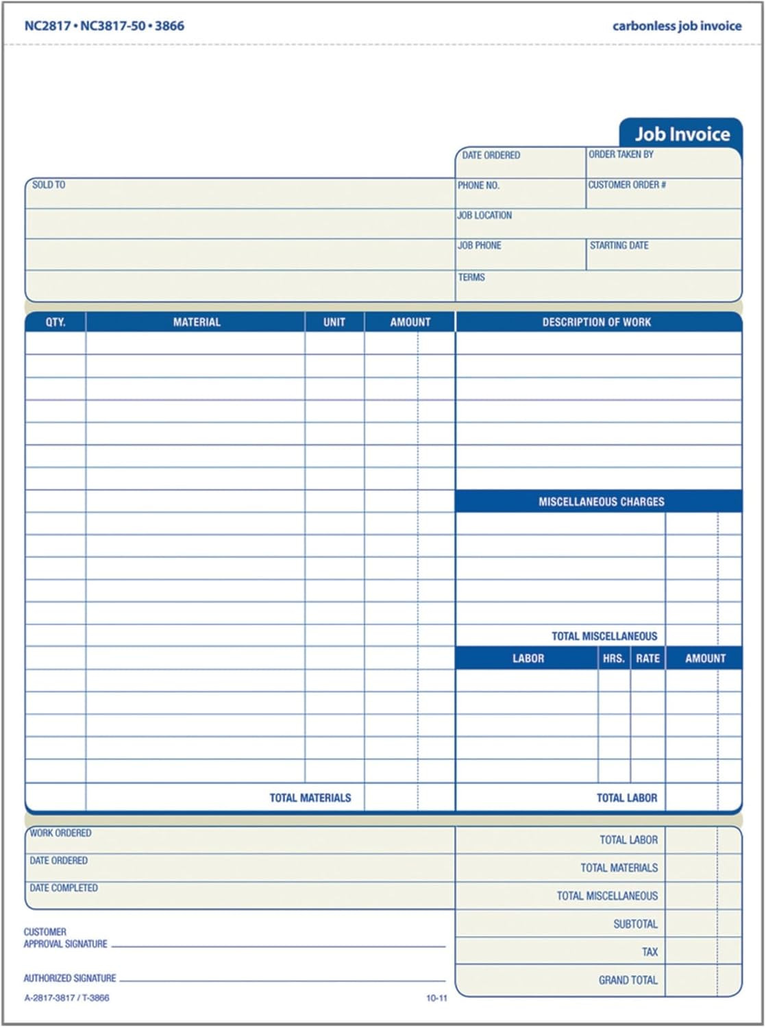 Job Invoice Forms, 2-Part Carbonless, for Service and Repair Billing, 100 Indivi