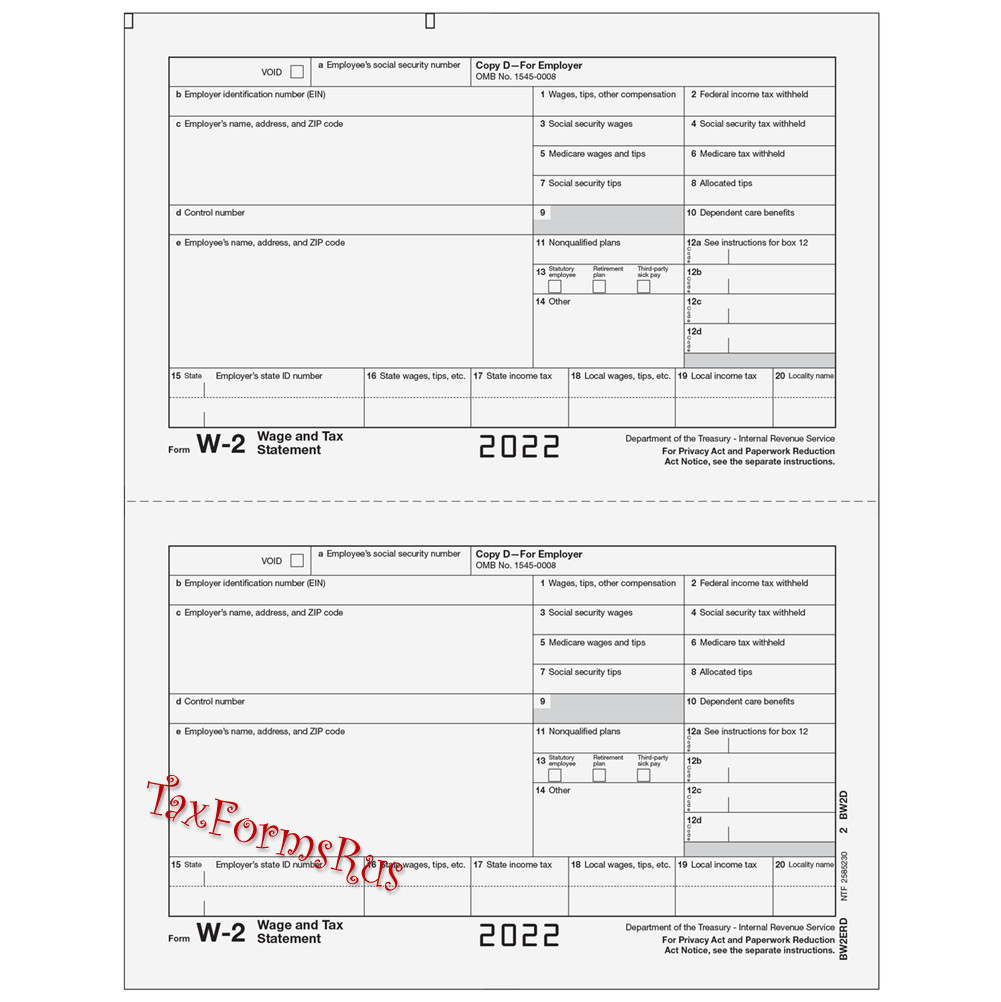 2022 IRS Tax Form W-2 Wage Stmts LASER single sheet set for 2 employees, 6-part