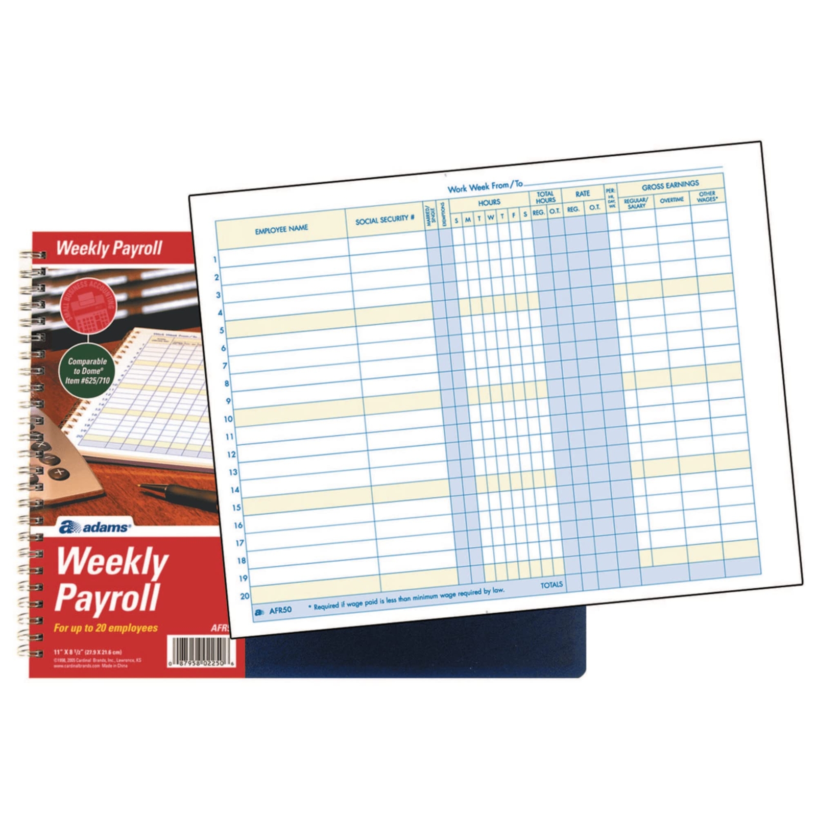 Adams Weekly Payroll Record Book Spiral Binding Track Hours Pay Taxes 20 Empl…