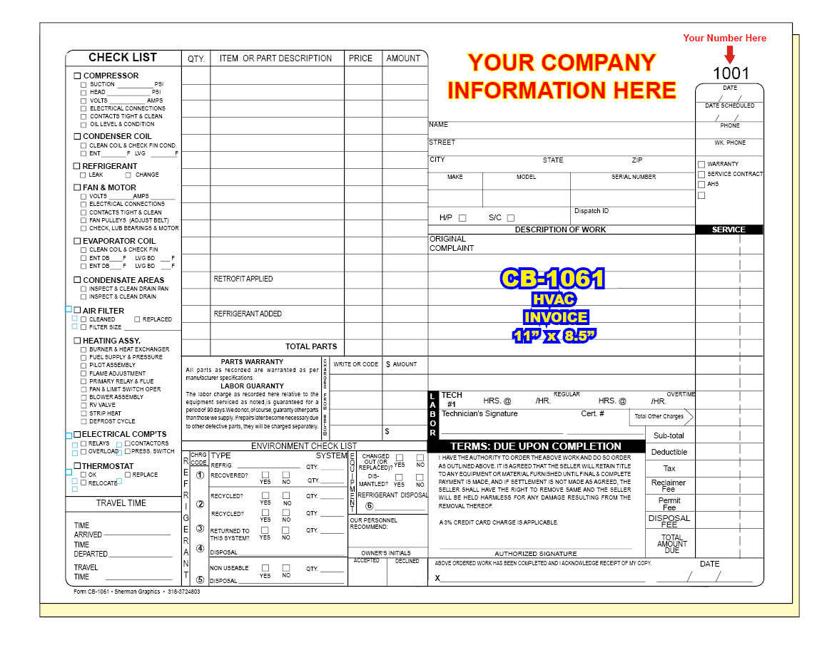 HVAC INVOICE Custom Printed 2 or 3 Part Carbonless