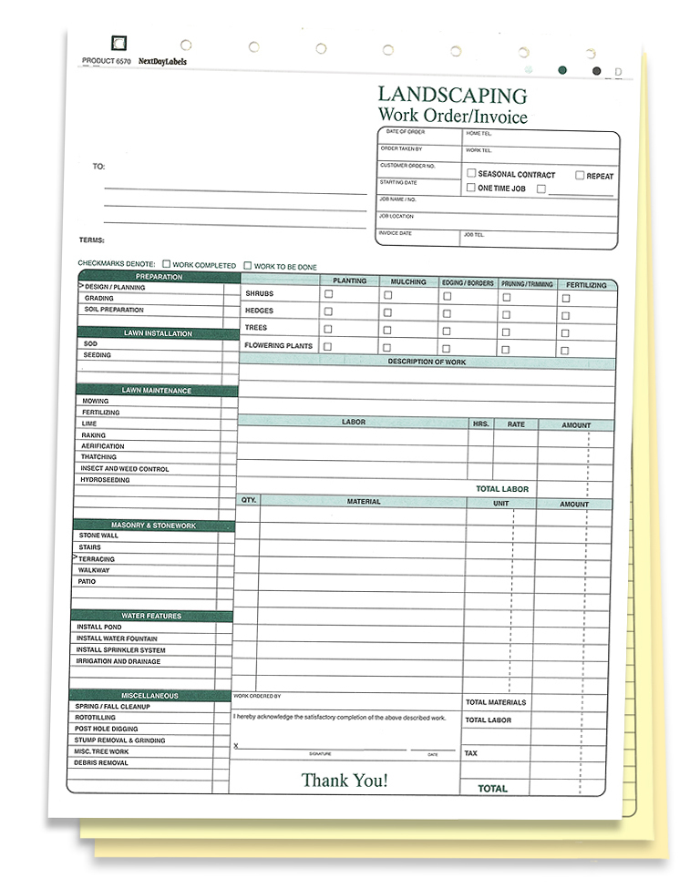 8-1/2 x 11″ Landscaping Work Order Form/Invoice/Billing Sheets – 100 Sets / Pack