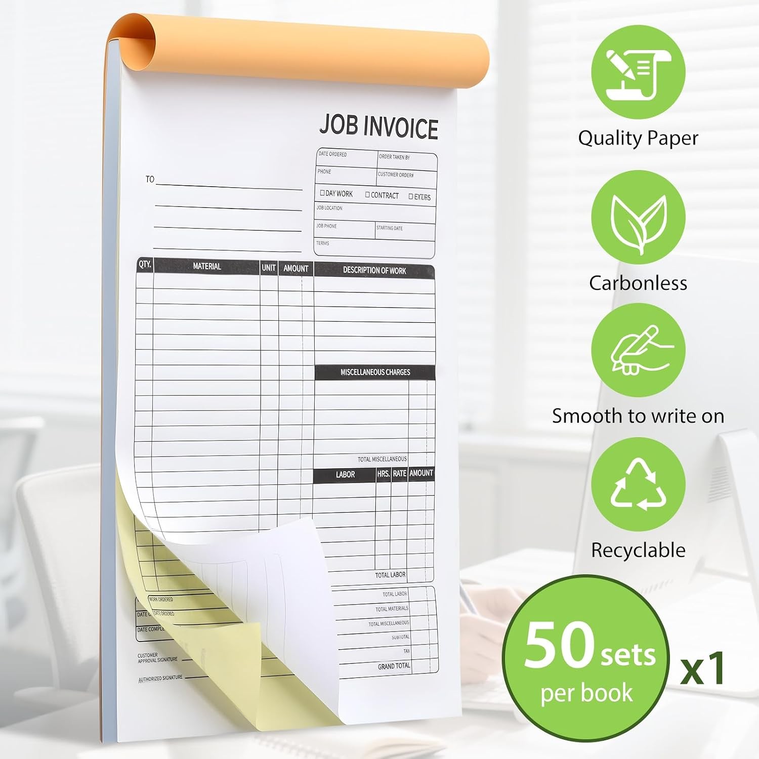 Carbonless Work Order Forms & Invoice Book 7.5 x 11 Inches 50 Sets Small