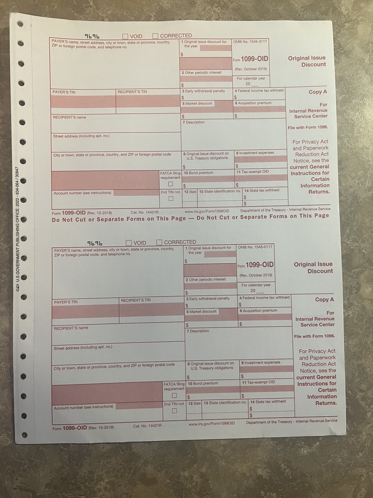 2021 IRS Tax Form 1099-OID single sheet set for 2 recipients, 1099 A Include
