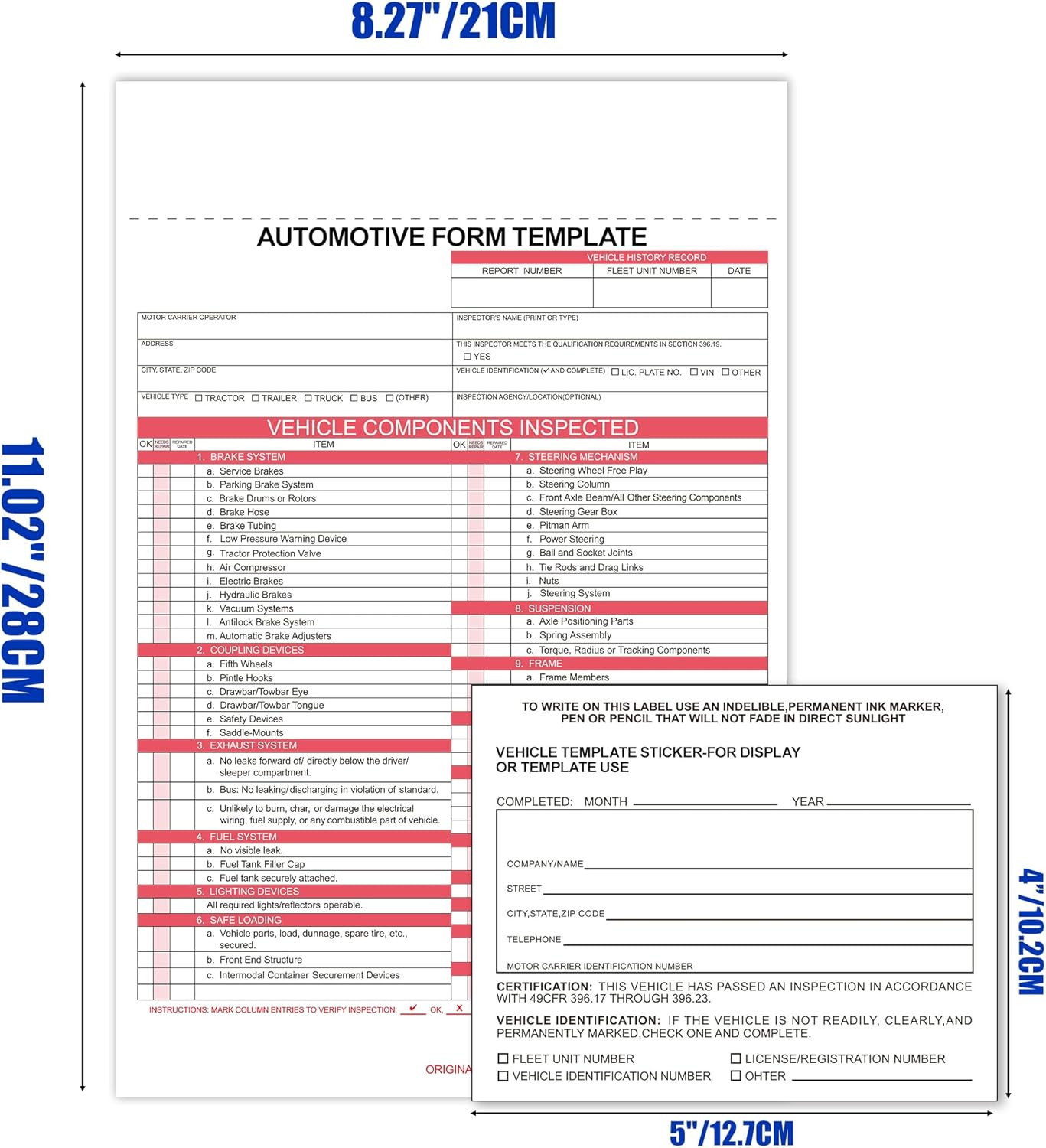 White Vehicle Form Template Sticker Set Writable Car Record Sheets