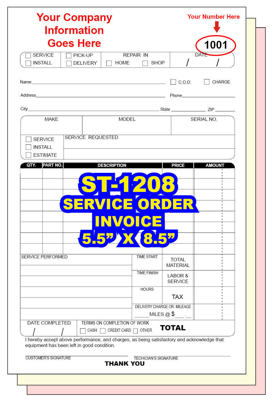 JOB SERVICE WORK ORDER / REPAIR INVOICE 2 or 3 Part Carbonless