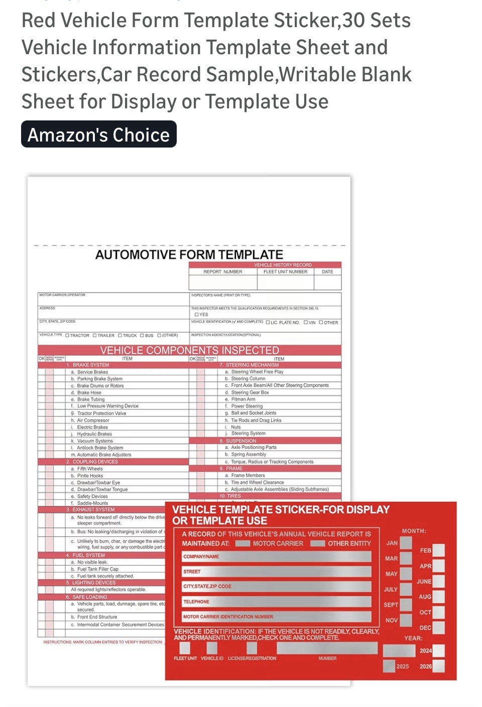 Annual Vehicle Inspection Report Form 3-Ply Carbonless and Label. 30 PACK