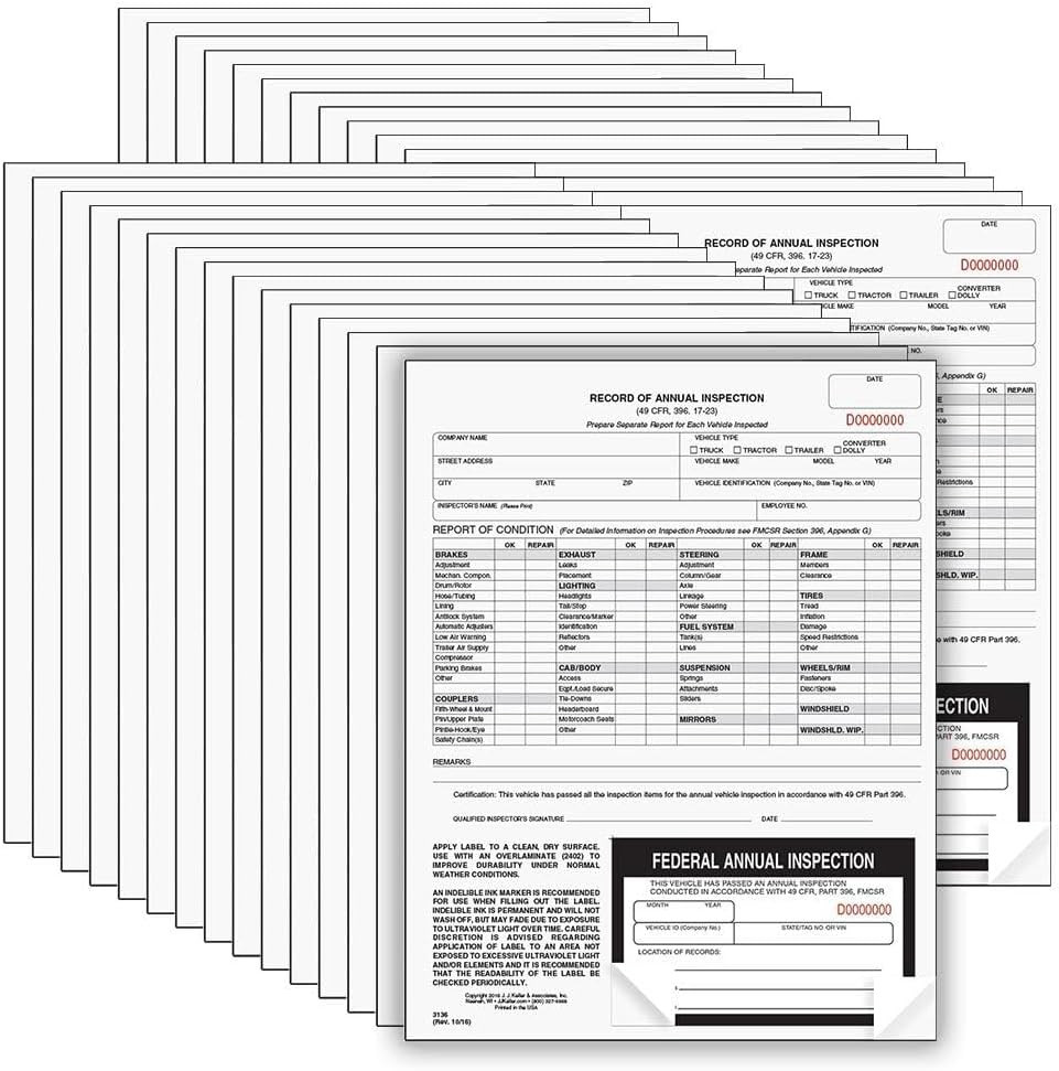 J. J. Keller 25-Pack, Record of Annual Inspection Form with Inspection Label