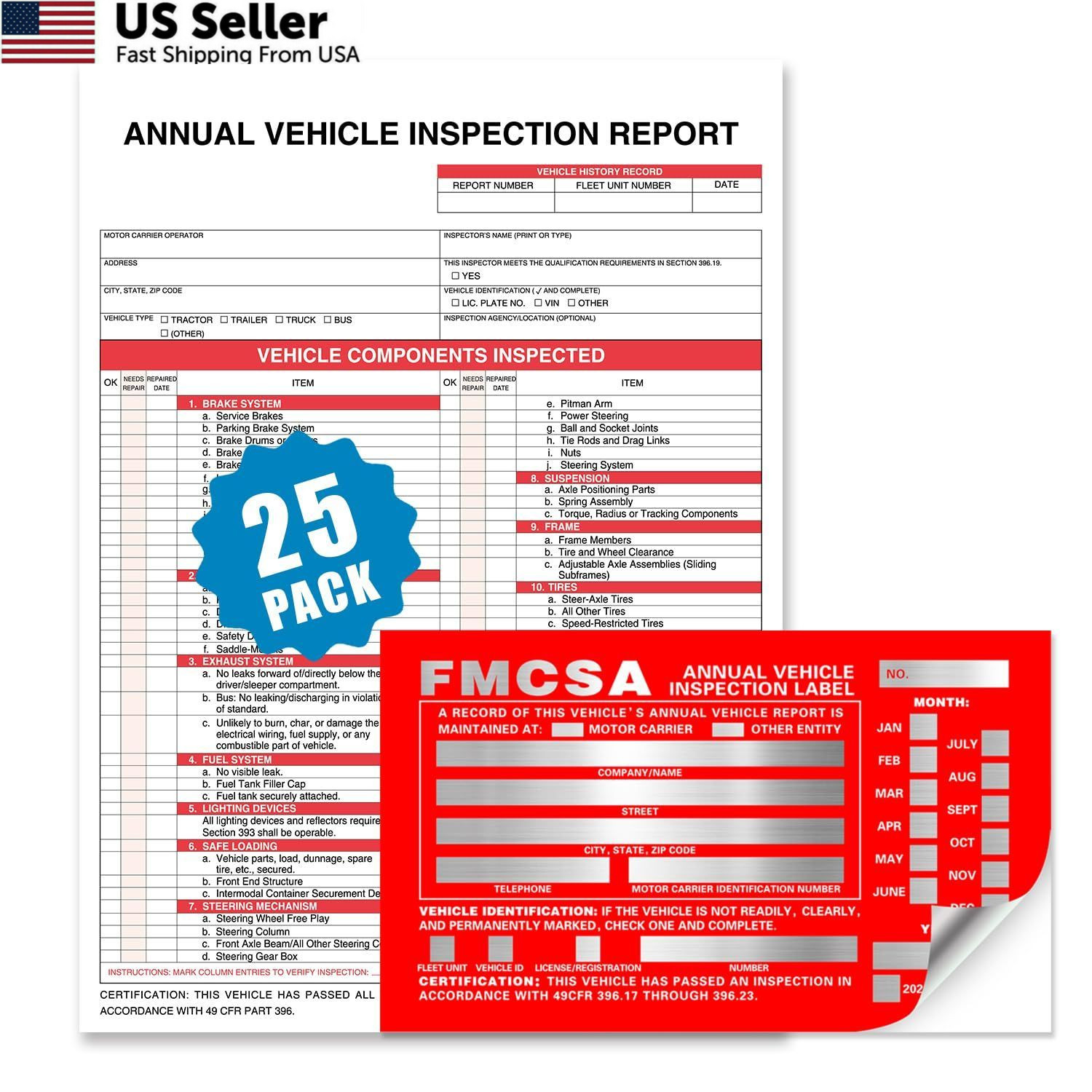 Annual Vehicle Inspection Report Form 25-pk 3-Ply 8.5 x 11.75 inch, Red