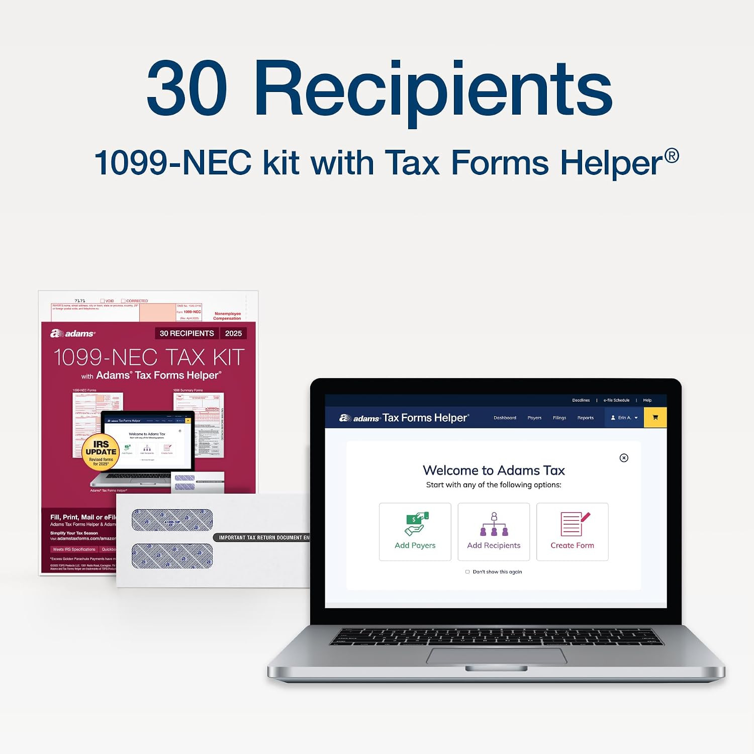 1099 NEC Forms 2025, 4-Part Kit for 30 Recipients, Includes 30 Envelopes