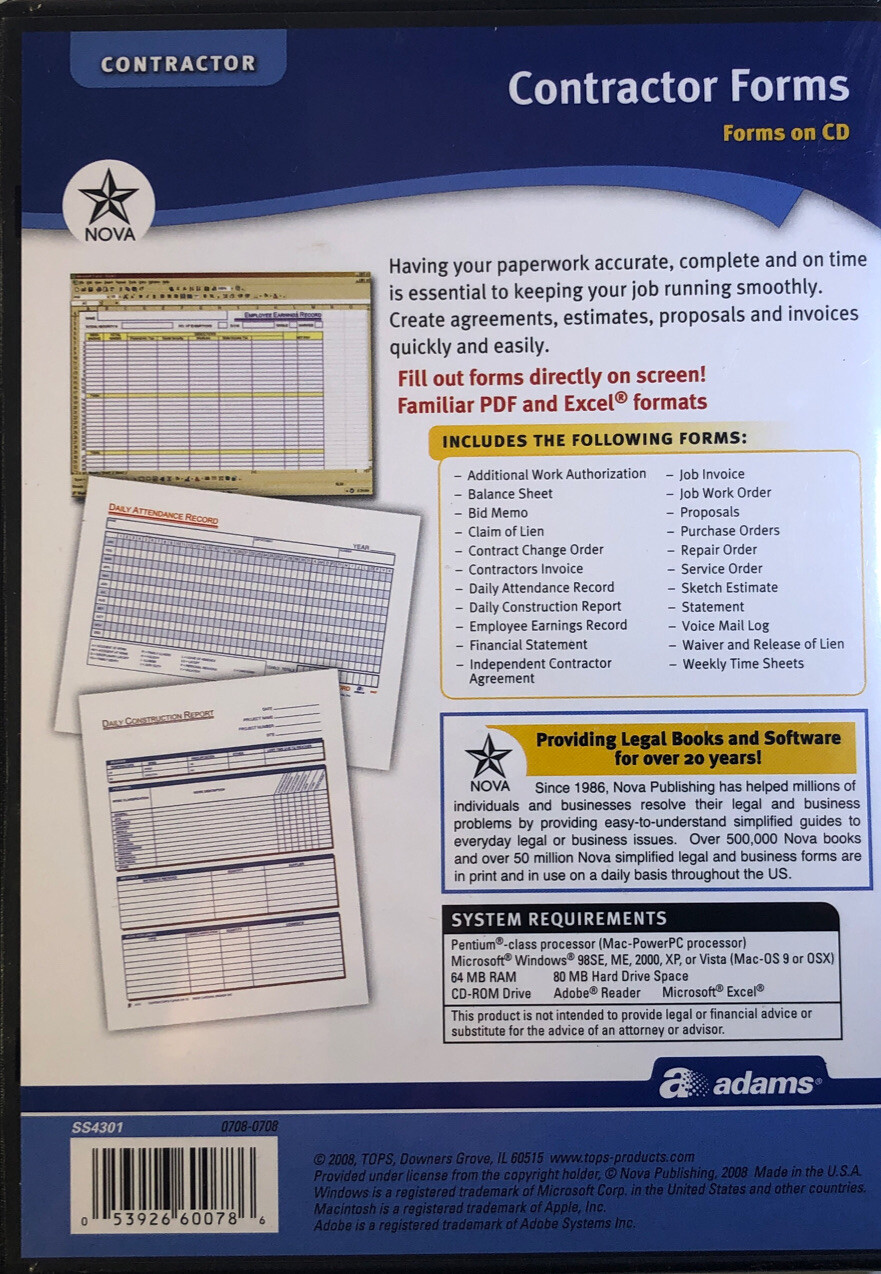 SHIP24H-Adams SS4301 Contractor Forms on CD Windows & Macintosh PDF & Excel-NEW