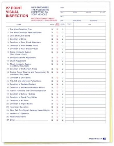 27 Point Inspection Sheet – Vehicle Inspection Form – 100 Pack