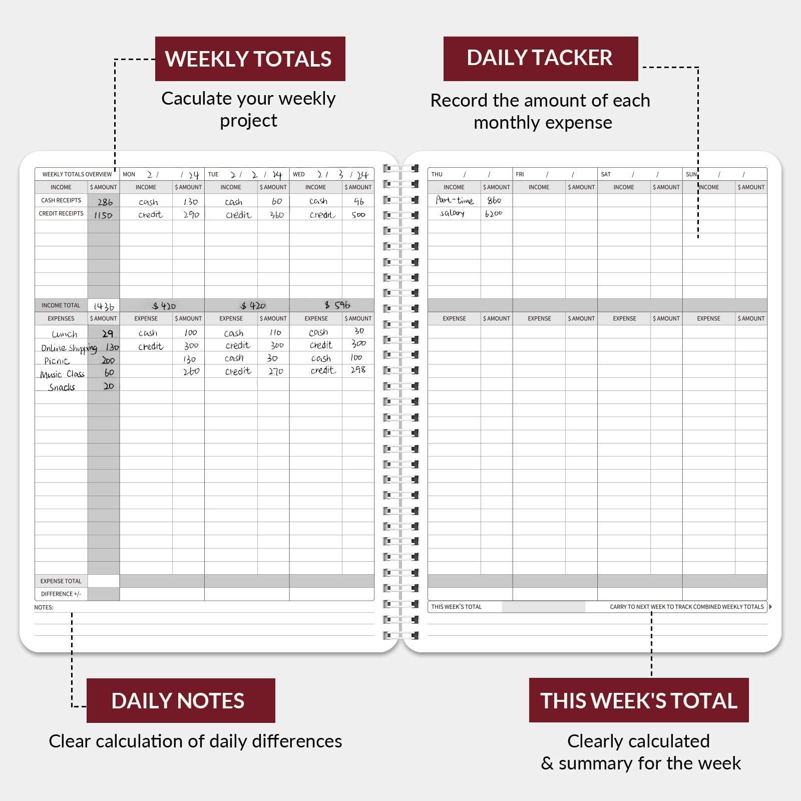 Income and Expense Log Book – Bookkeeping Record Medium, Red