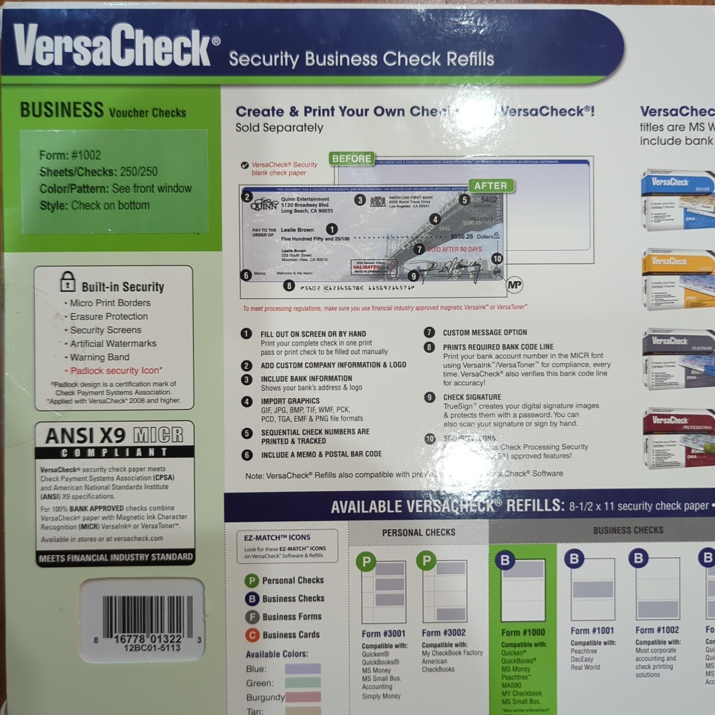 VersaCheck Security Checks – 250 Blue Blank Business Voucher Check on Bottom