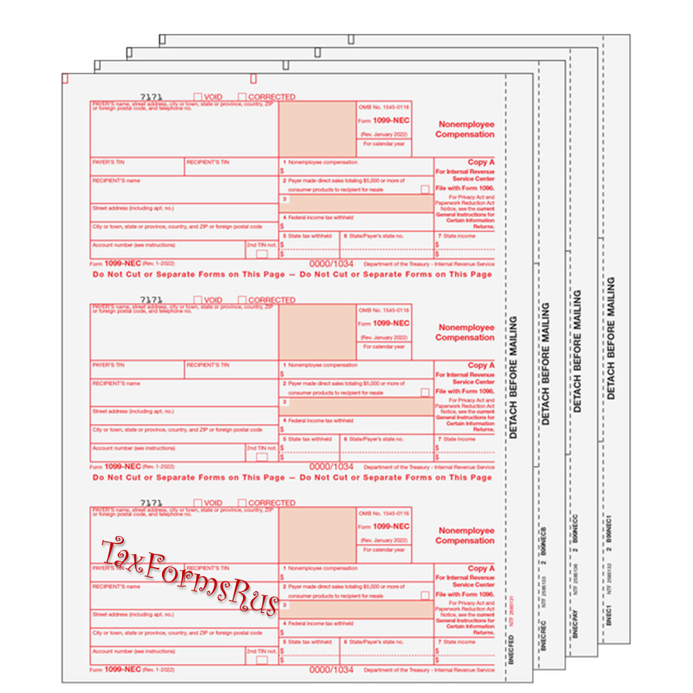 2022 IRS Tax Form 1099-NEC single sheet set LASER 3 recipients 4pt #NECS405