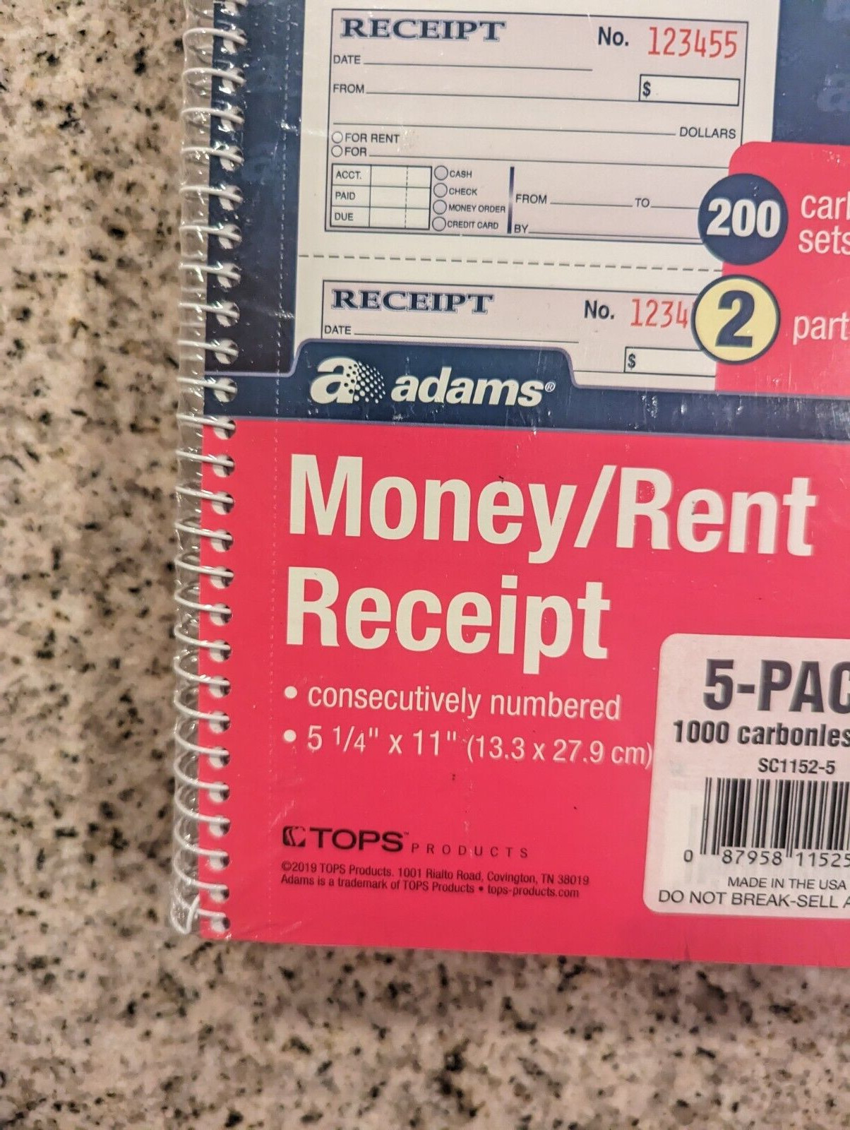 Adams Carbonless 2-Part Form Money/Rent Receipt Book 11″ x 5 1/4″ Pack Of 5 New
