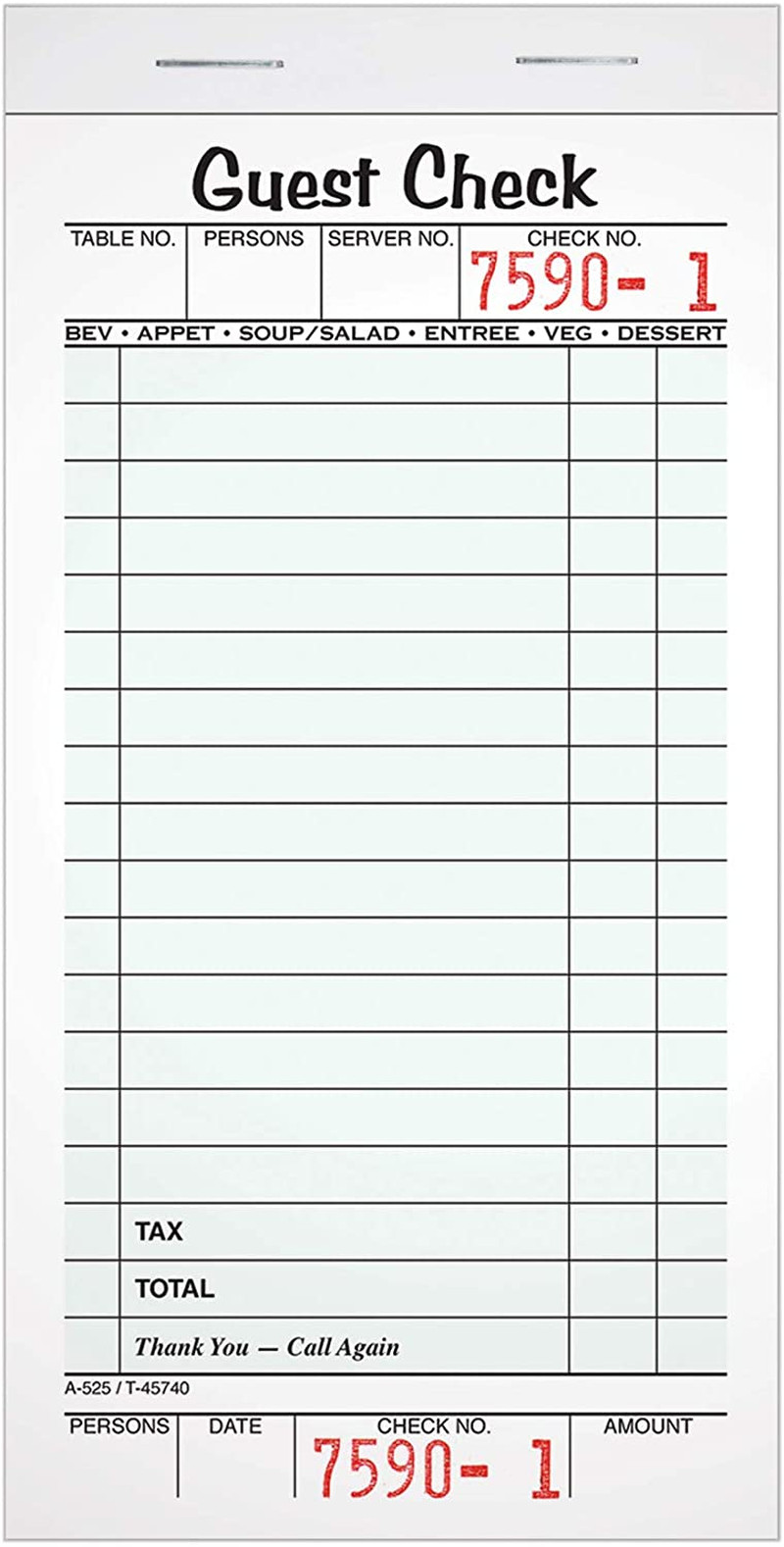 Adams Guest Check Pads, Single Part, Perforated Guest Receipt, 8.6 X 17.2 Cm, 5