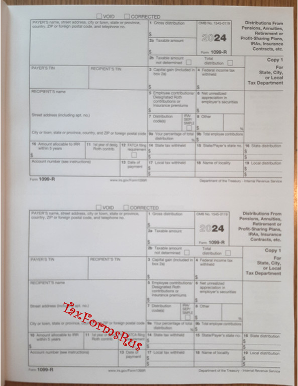 2024 IRS Tax Form 1099-R single sheet set for 2 recipients NONcarbonless 5pt 2up