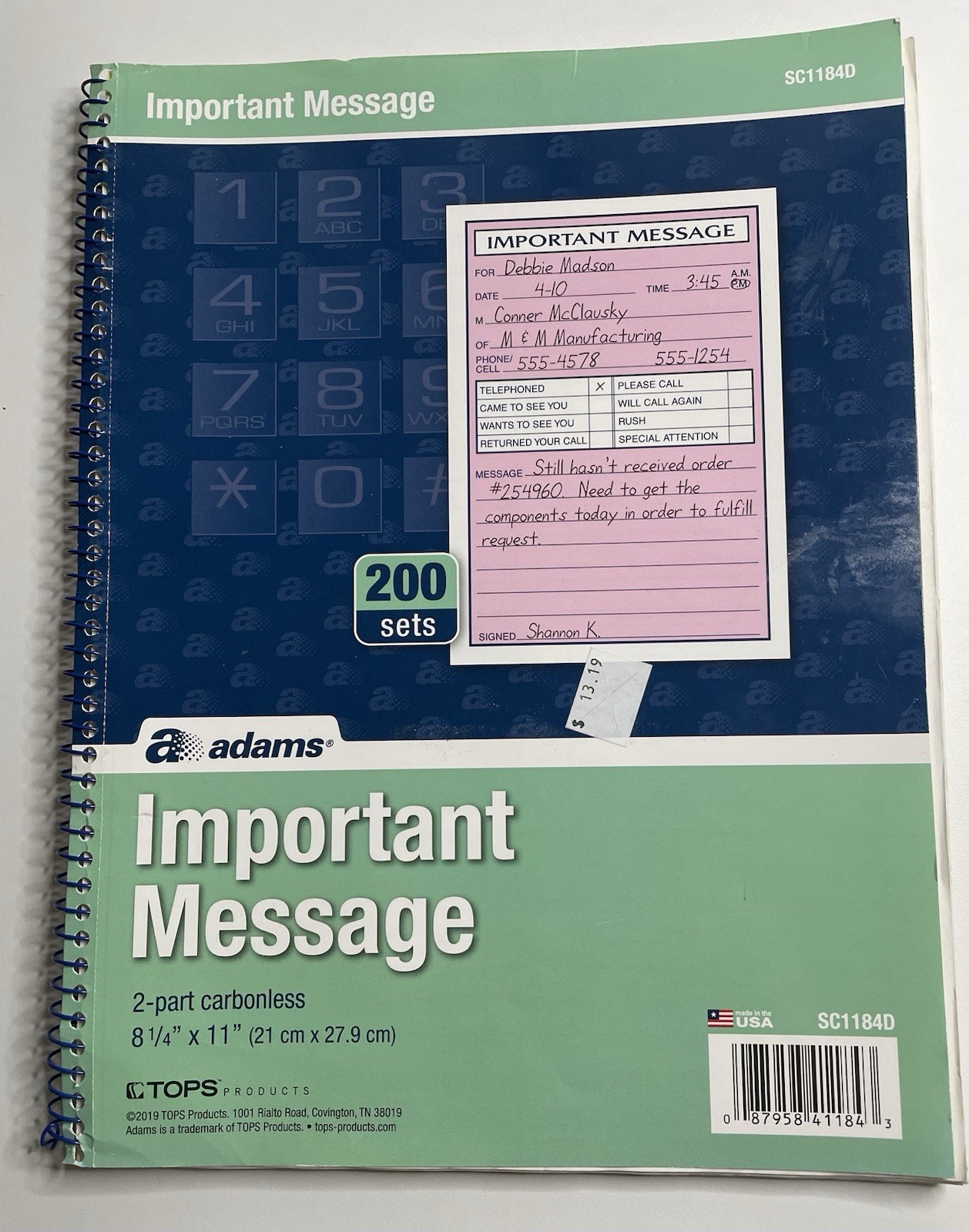 Adams Important Message Book 2 part carbonless SC1184D 8 1/4″ X 11″ 2019 Tops