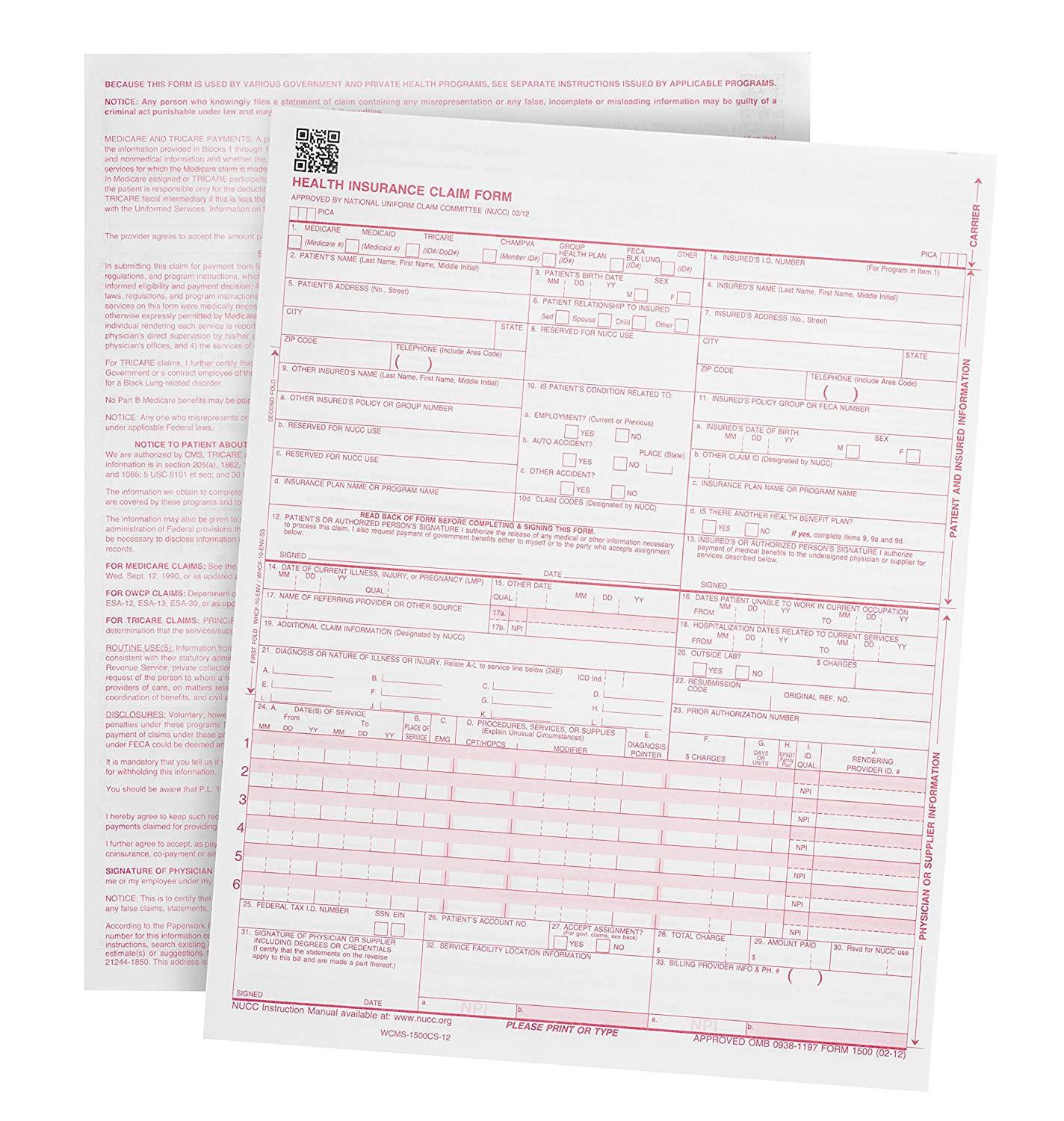 CMS 1500 – CMS-1500CS-12 WCMS-1500CS-12 Health Insurance Claim Form 100 Pack