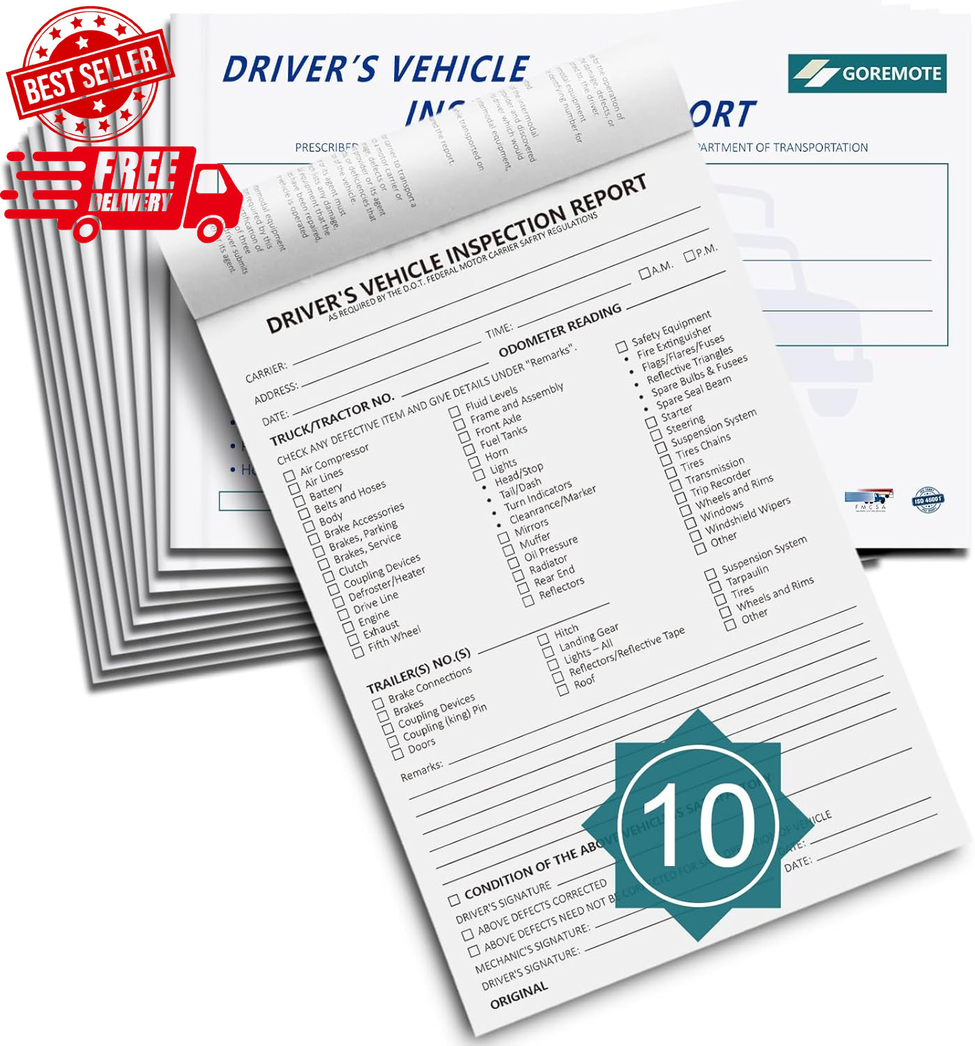 Detailed Driver’S Vehicle Inspection Report, 10 Pack, Pre Trip Inspection Book f