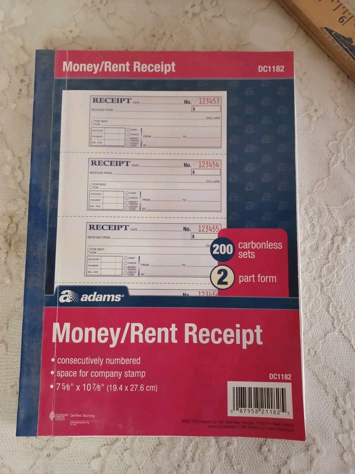 Adams Money Rent Receipt Pad 2-Part Carbonless 200 Sets DC1182 7 5/8 x 10 7/8 in