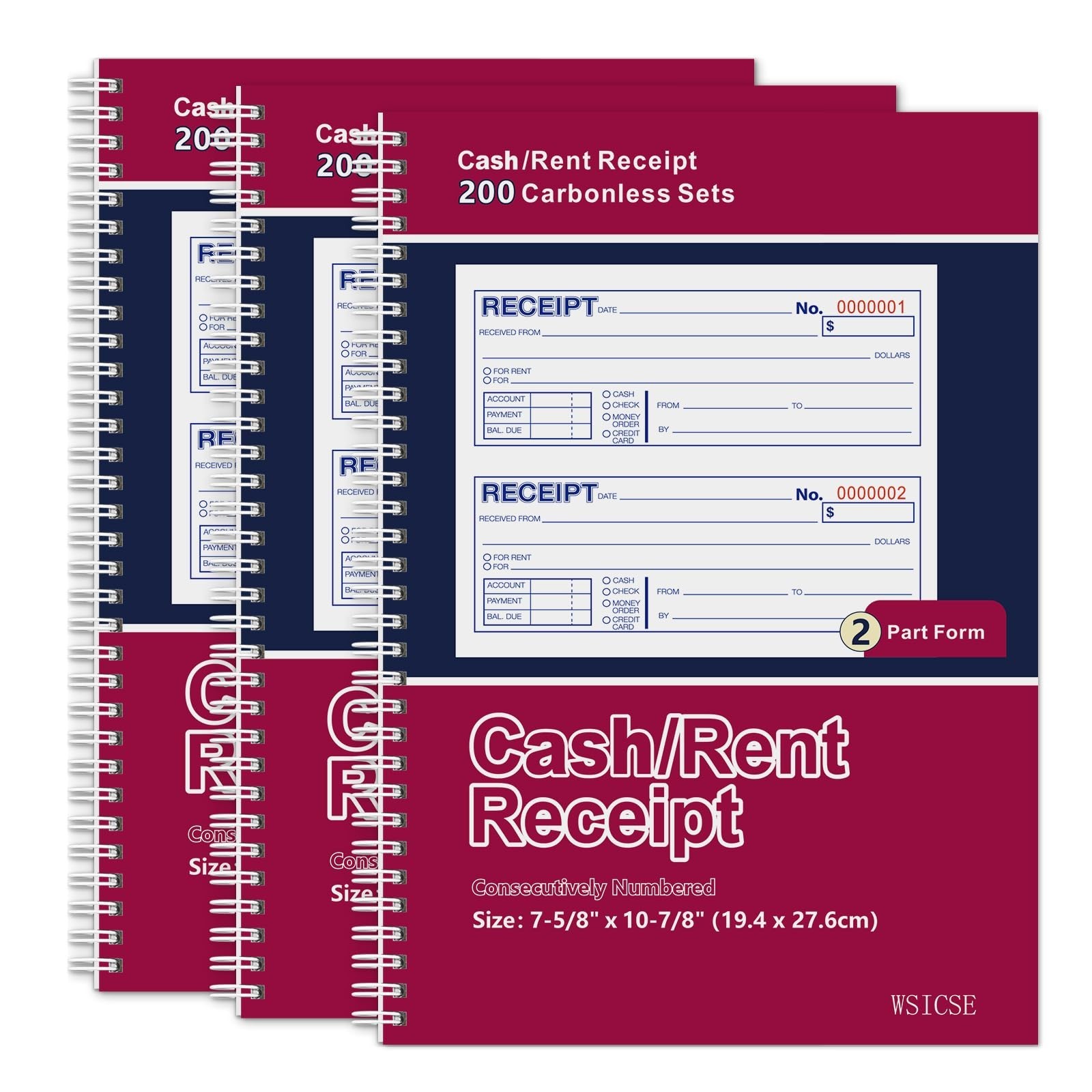 3 Pack Carbonless Receipt Books, 2-Part Rent Receipts, Spiral Bound, 200 Sets