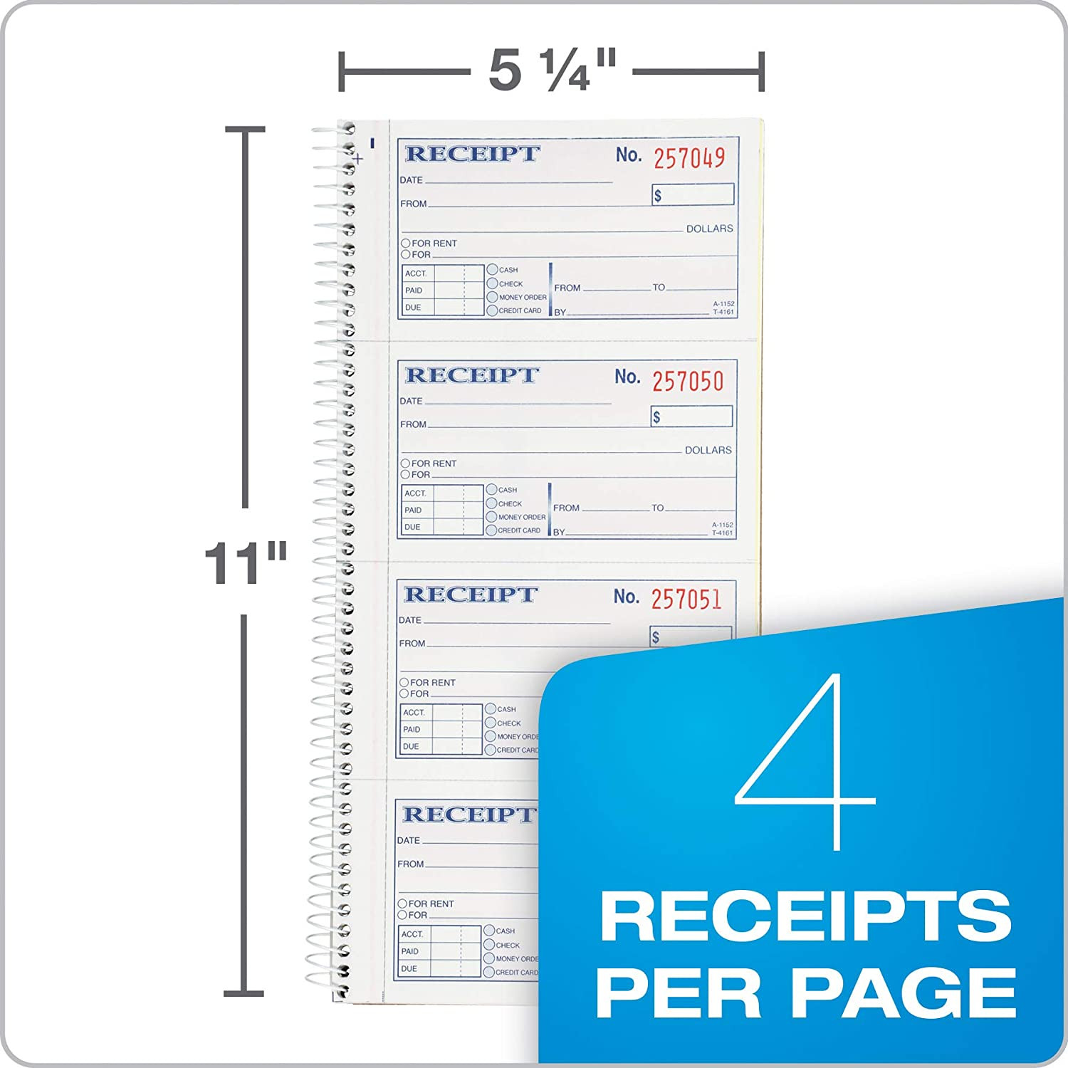 Money and Rent Receipt Book, 2-Part Carbonless, 5-1/4″ X 11″, Spiral Bound, 2 Se