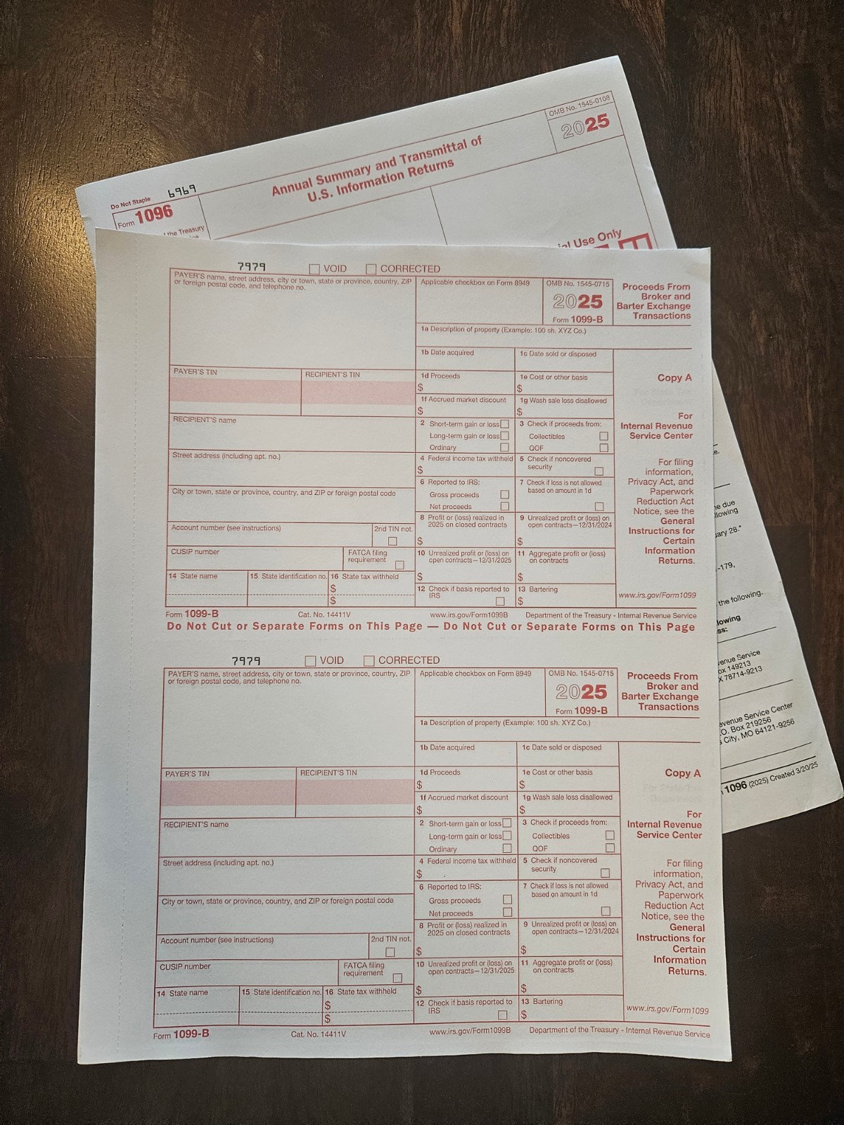 2025 IRS Tax Form Four 1099-B LASER and 1 Form 1096 NO ENVELOPES