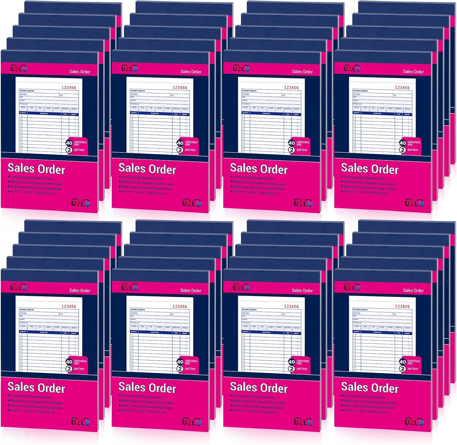 40 Pack Sales Order Book Bulk, 2-Part Carbonless Receipt Form Invoice, White/Yel