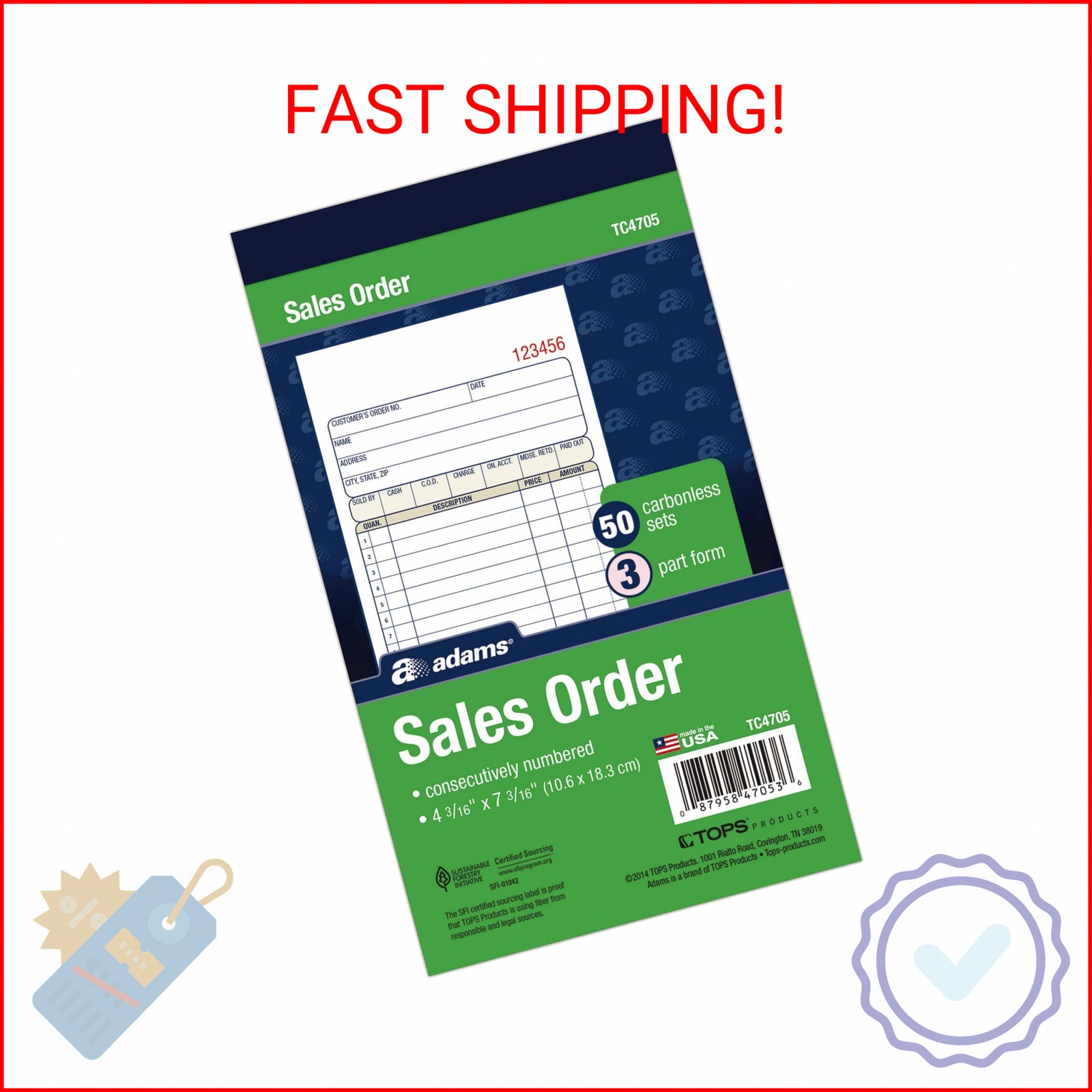 Adams Sales Order Book, 3-Part, Carbonless, 4-3/16″ X 7-3/16″ Inch, 50 Sets, Whi