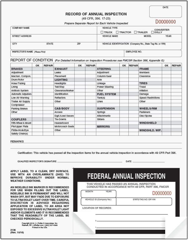 J. J. Keller 10-Pack, Record of Annual Inspection Form with Inspection Label,…