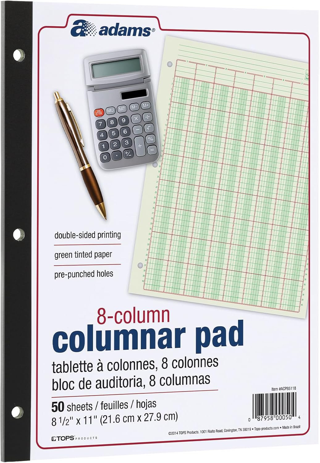 Columnar Analysis Pad, 8 Column Ledger, 8.5″ X 11″, 100 Pages (50 Sheets), Green