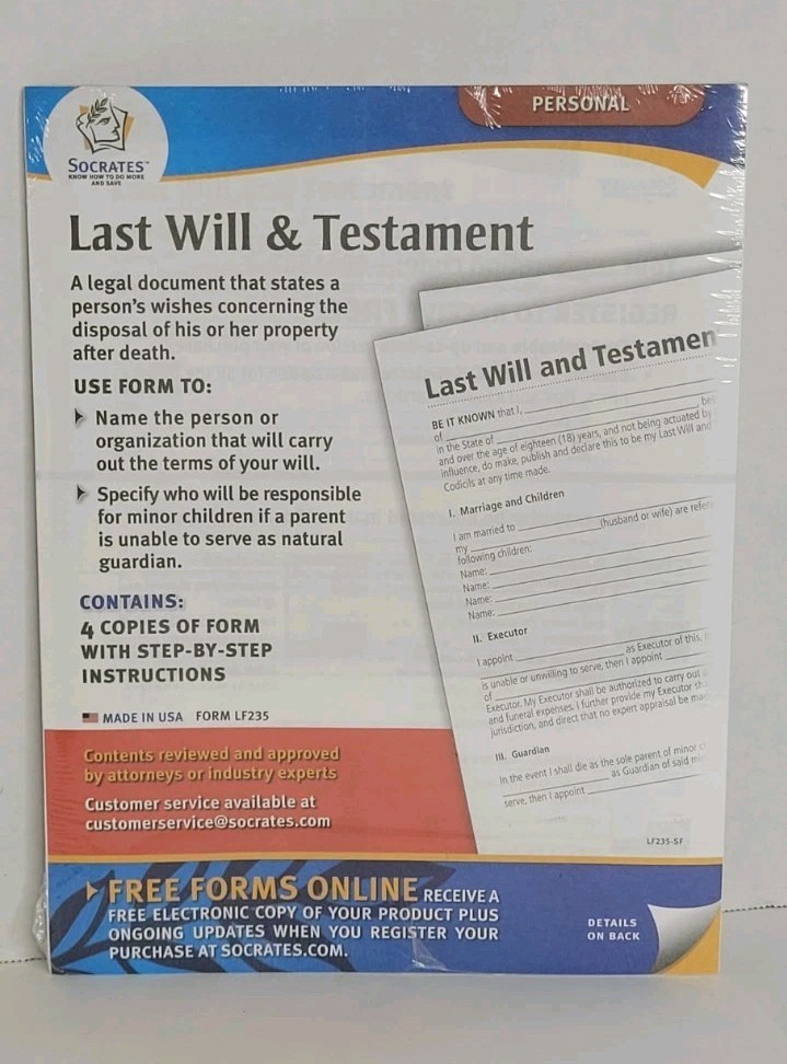 Factory Sealed Last Will and Testament Forms Kit LF235 Socrates Media