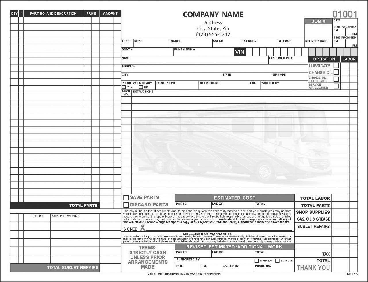 RV Repair Order Form in Black & White / 8.5 X 11 / 2 or 3 Part / TMG095BW