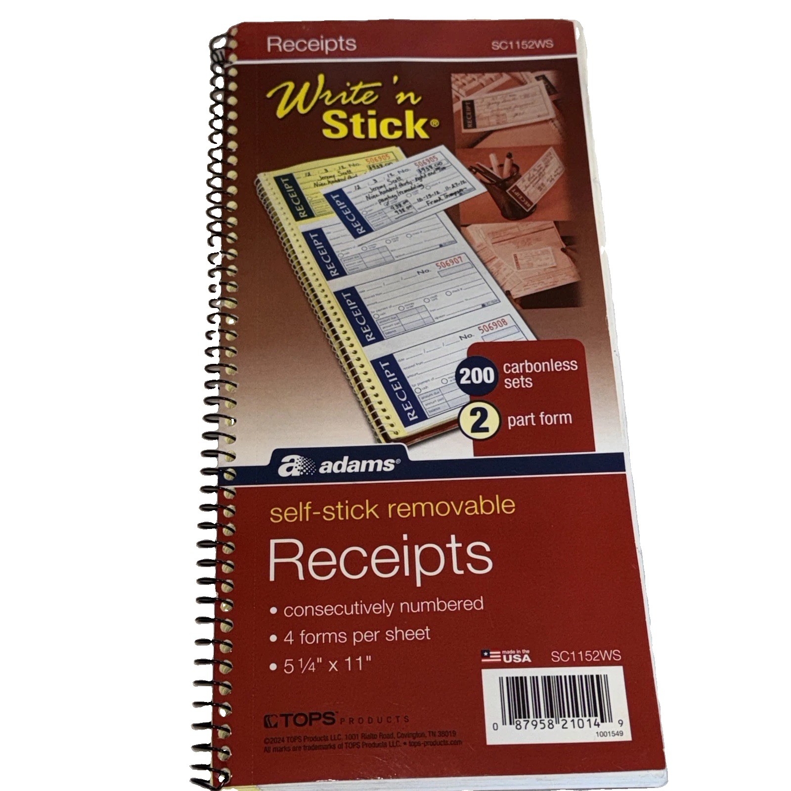 Write & Stick Carbonless Receipts Book 2 Part 200 Sets Self Stick New