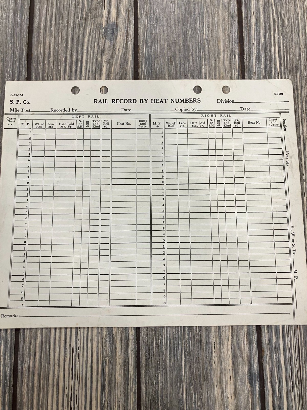 Vintage S.P. Co. Rail Record By Heat Numbers Form 8-53-3M 3-Hole Punched S-3101