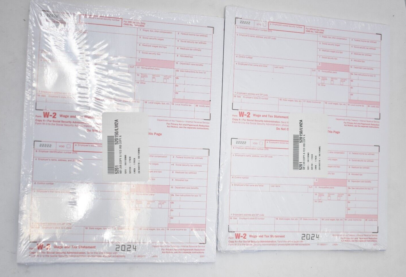 Lot of 200 Forms 5201 W2 Tax Forms Copy A 2UP Federal IRS Pre Printed Laser