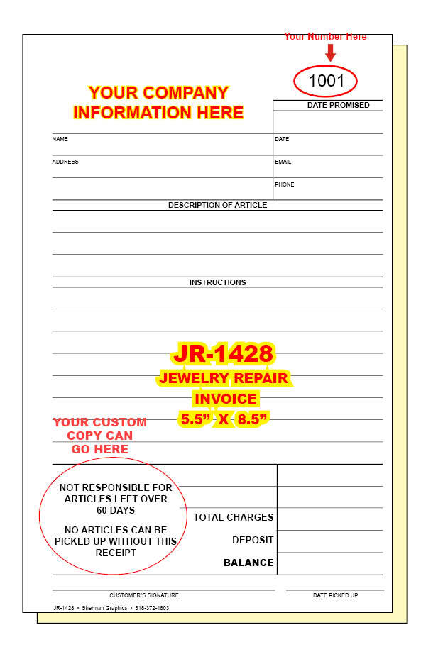 JEWELRY REPAIR INVOICE RECEIPT WORK ORDER 2 or 3 Part Carbonless