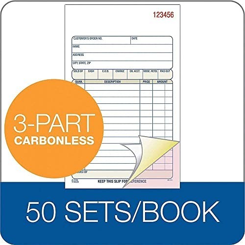 Carbonless 3-Part Sales Order Book – 50 Sets, 4.2″ x 7.2″, White, Canary, Pink –