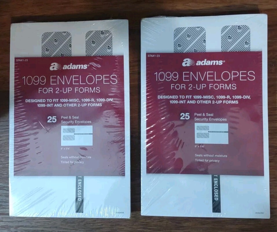 50 SEALED ADAMS 1099-INT-MISC-R-DIV-INT-OTHER 2-UP FORMS PEEL AND SEAL ENVELOPES